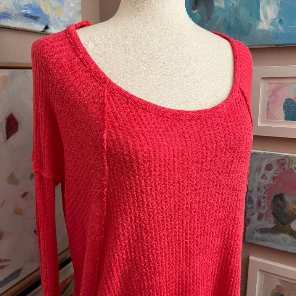 Free People Coral Ribbed Thermal Top‎ Cozy Boho Waffle Knit Oversized Size L
